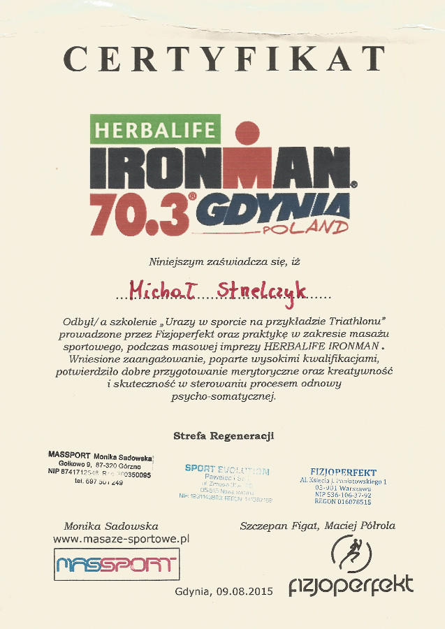 certyfikat szkolenia "Urazy w sporcie na przykładzie Triatlonu" Ironman Gdynia