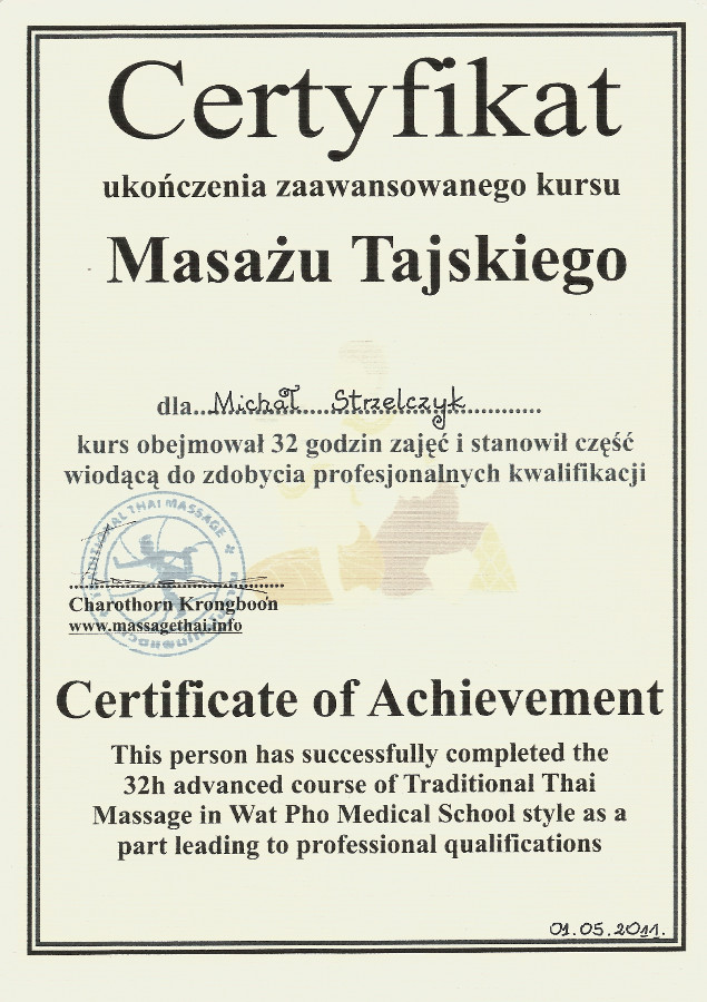 Certyfikat ukończenia zaawansowanego kursu masażu Tajskiego