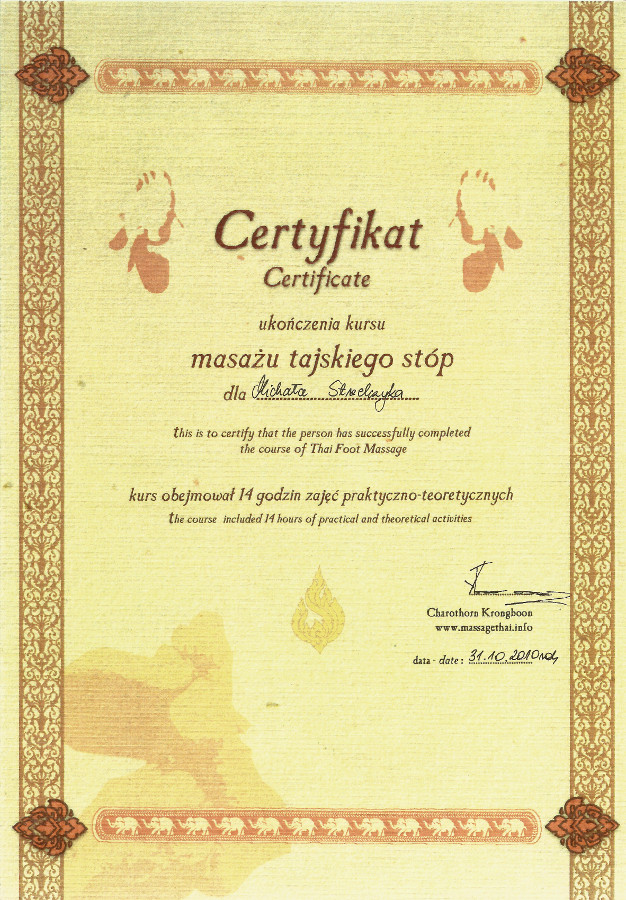 Certyfikat ukończenia kursu masażu tajskiego stóp