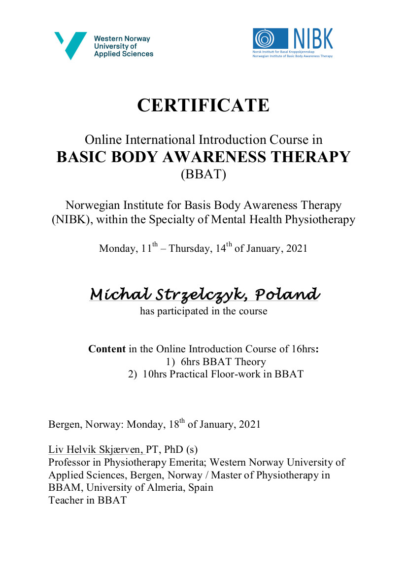 Certyfikat kursu online Basic Body Awareness Therpay