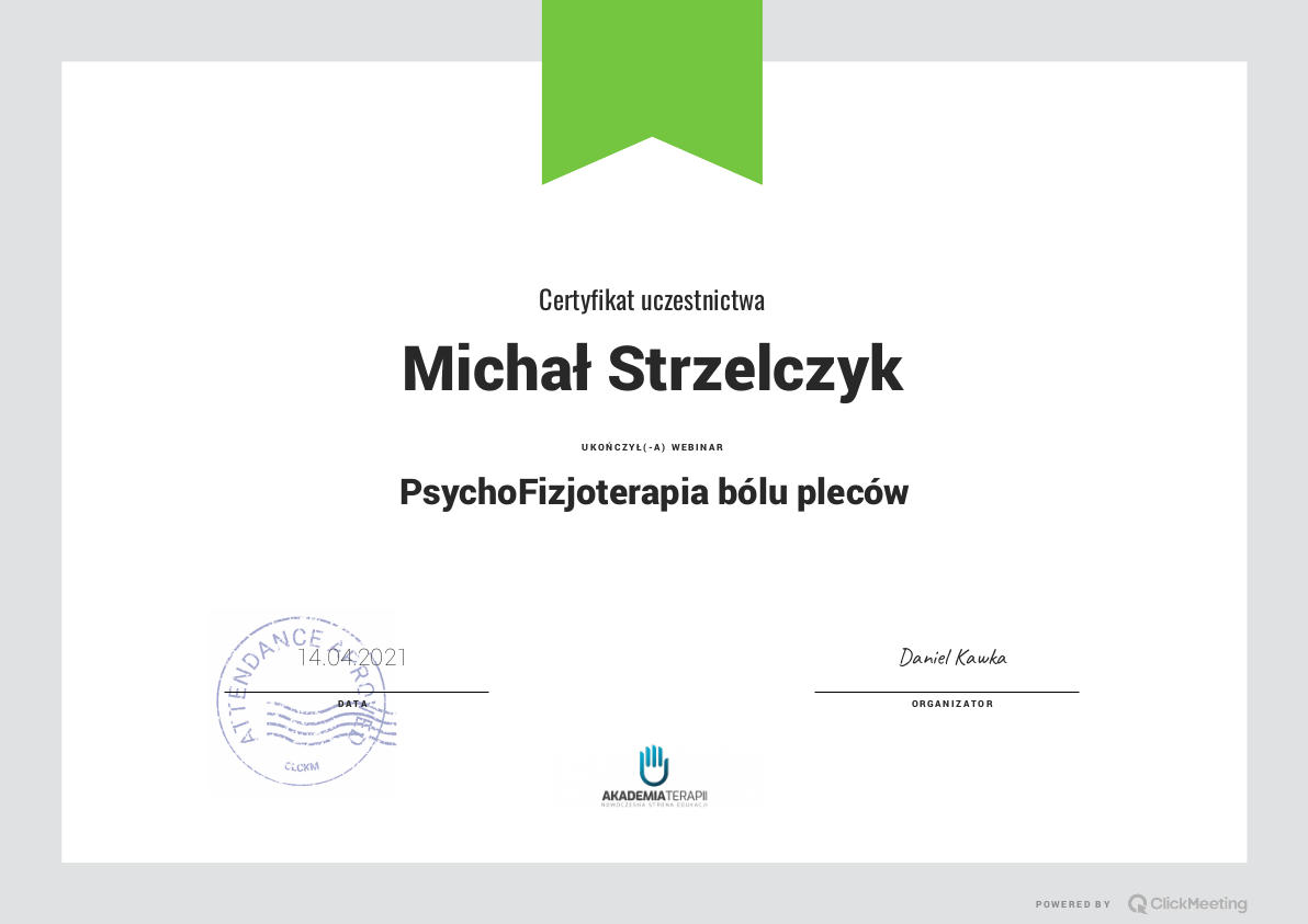 Certyfikat uczestnictwa w webinarze PsychoFizjoterapia bólu pleców