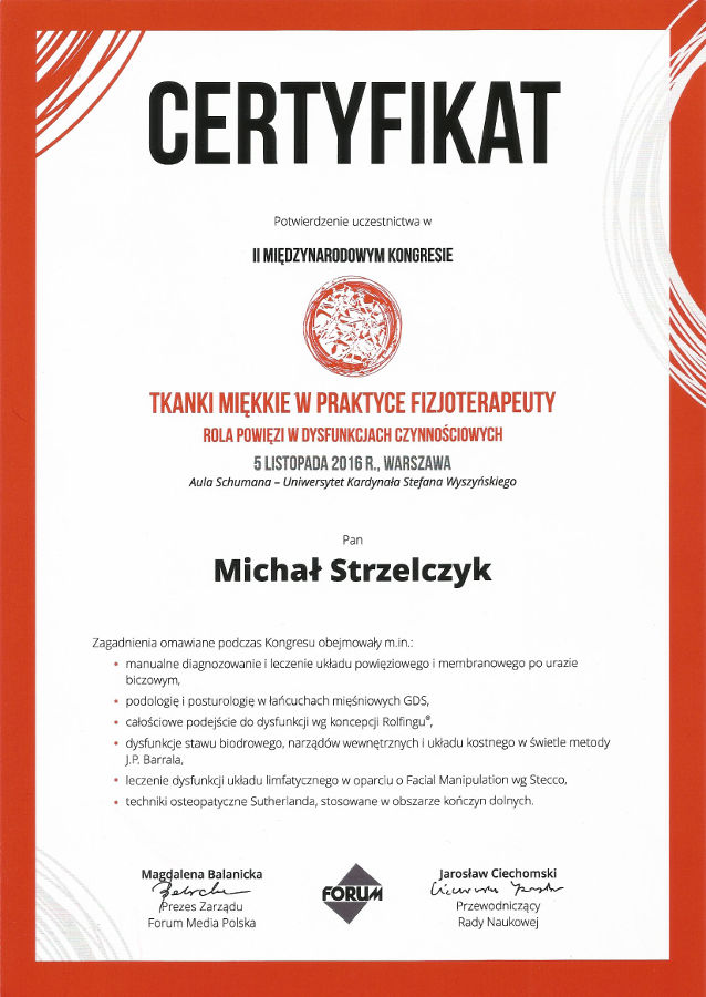 Certyfikat uczestnictwa w 2 Międzynarodowym Kongresie Tkanki Miękkie w praktyce fizjoterapeuty