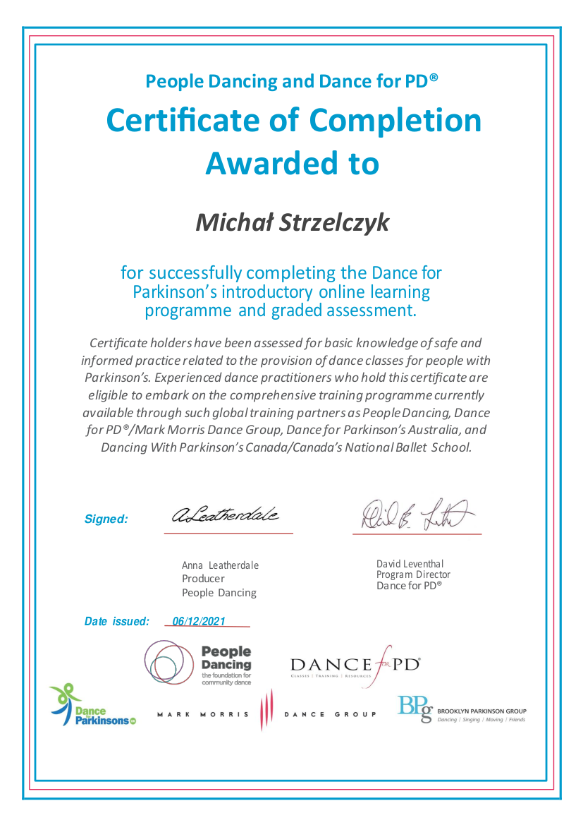 Dance for Parkinson's - certyfikat